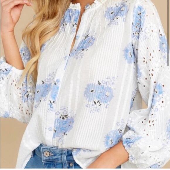LoveShackFancy Spectra Floral Button down eyelet blouse white cotton blue floral - Picture 2 of 14